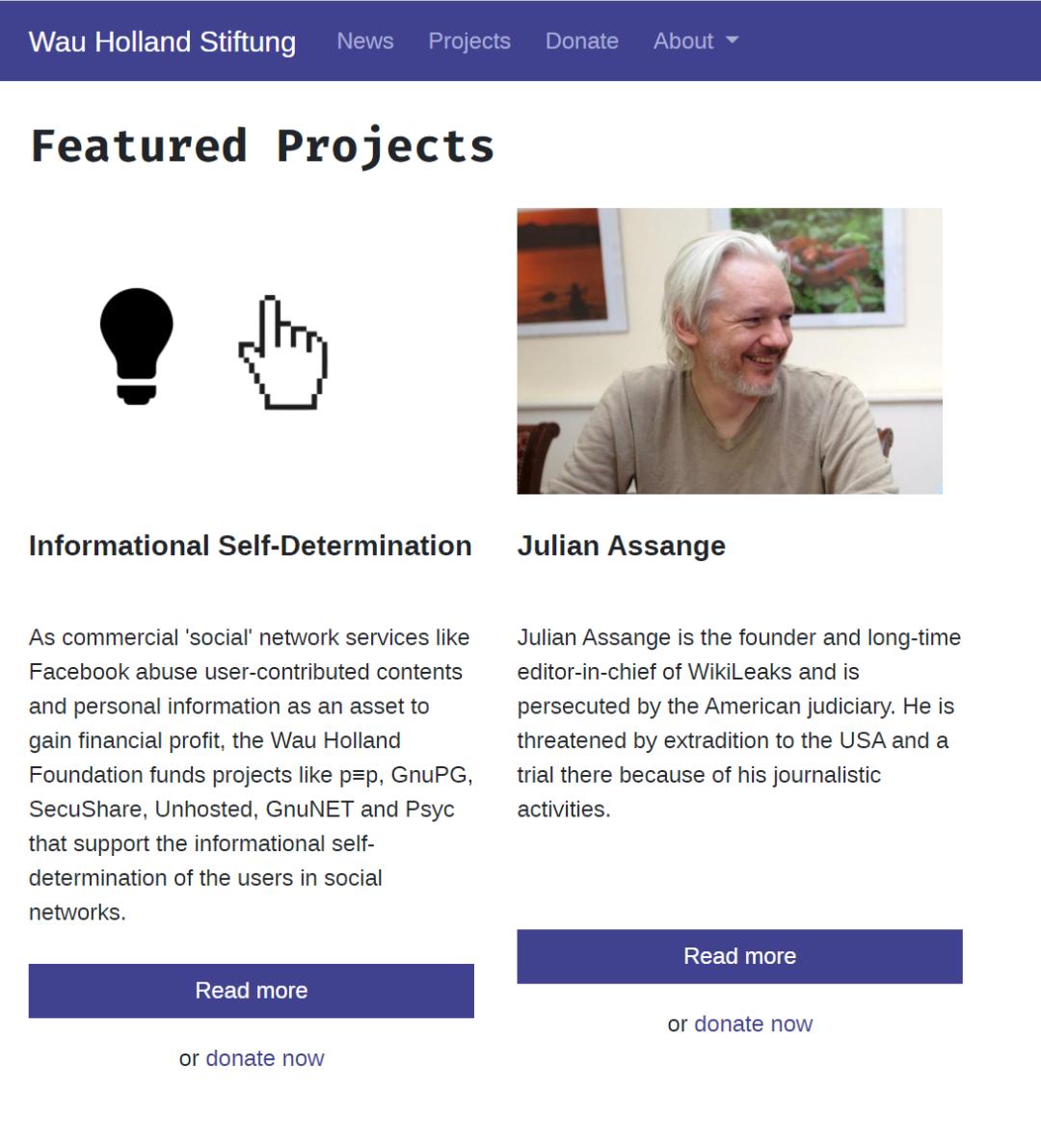 (Wau Holland Foundation 官網上醒目的展示著兩個正在進行的項目) | 動區動趨-最具影響力的區塊鏈新聞媒體